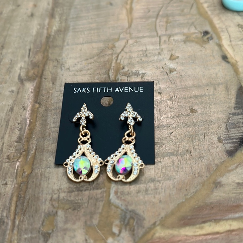 Saks Fifth Avenue Gold Earrings with Iridescent Crystals